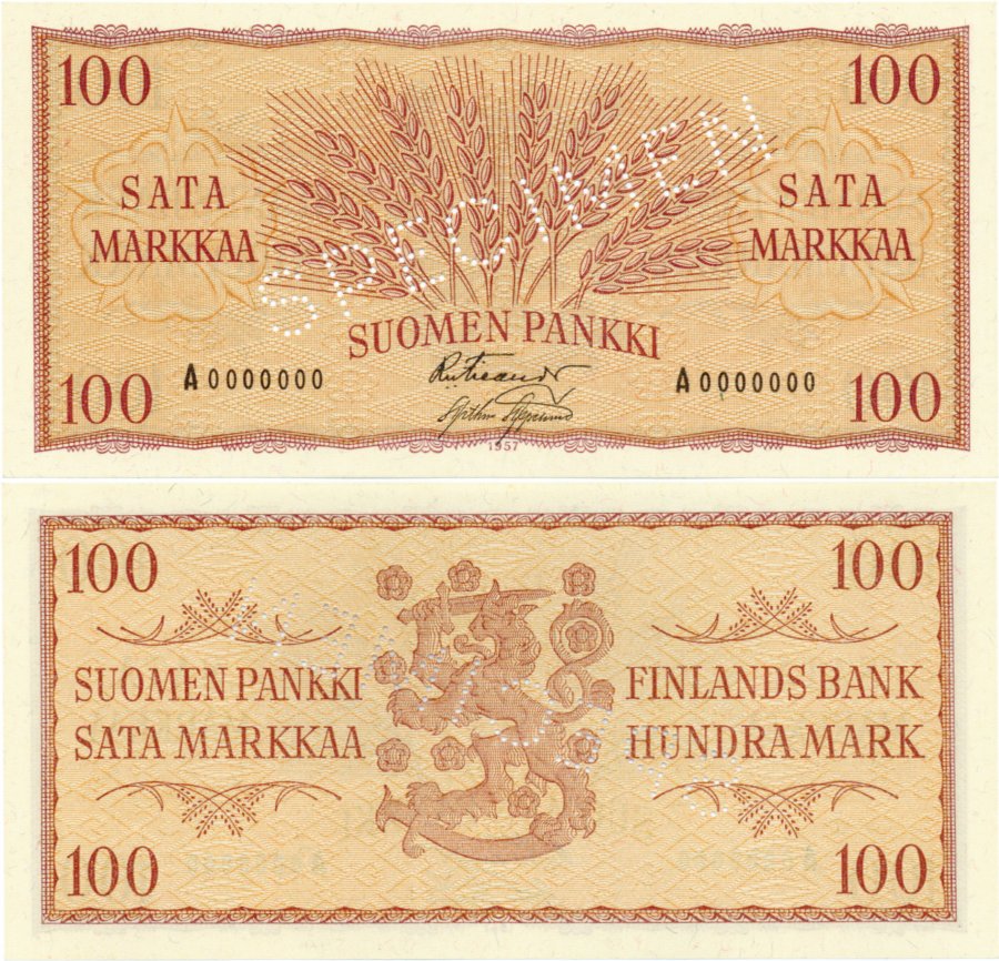 100 Markkaa 1957 SPECIMEN